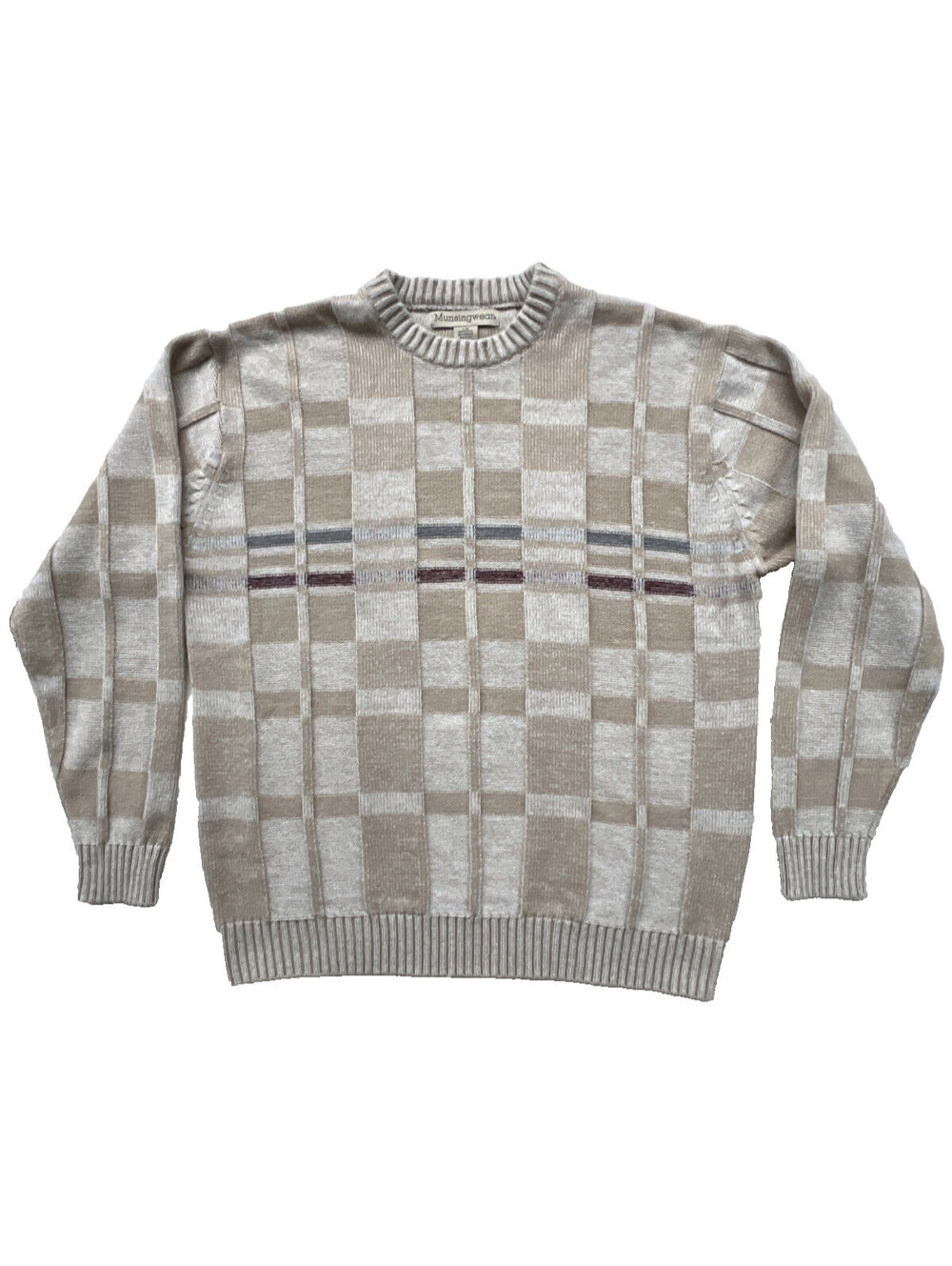 Vintage 90s Munsingwear Mens L Beige Check Sweater Pullover 3D Grandpa Retro EUC
